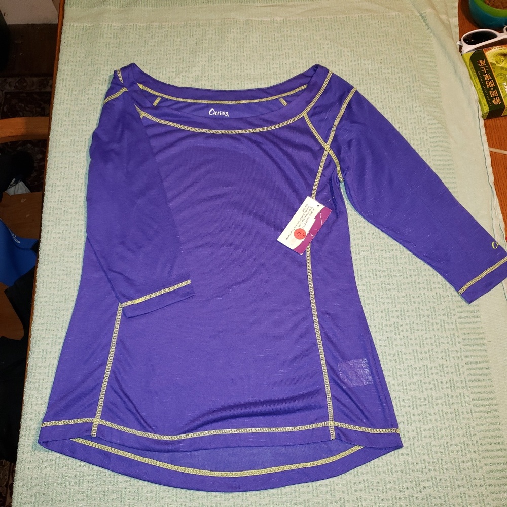 3/4 Sleeve Top Orchid Purple w/Yellow Stitching